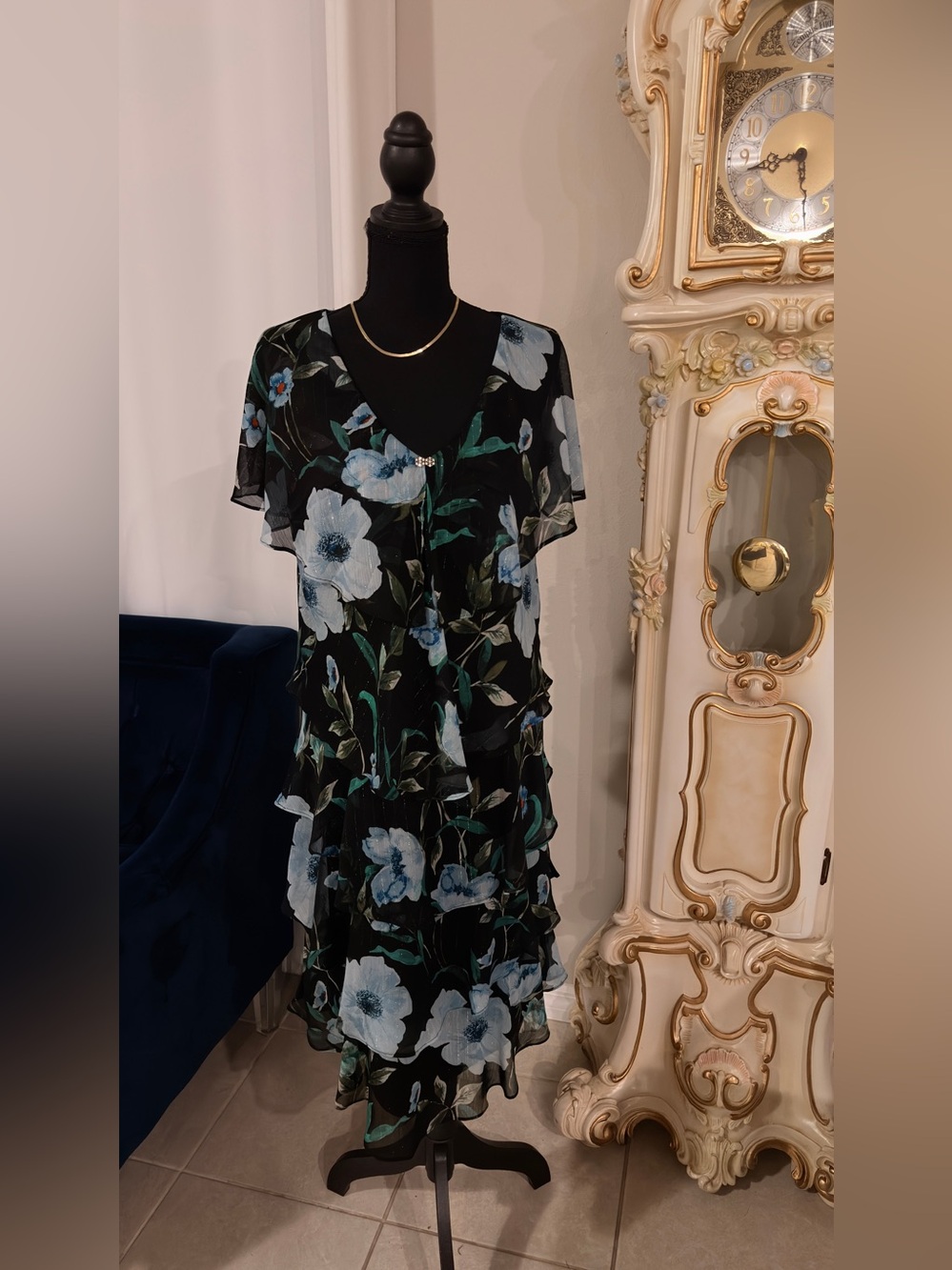 SLNY Black Midi Dress with Blue & Green Floral Print